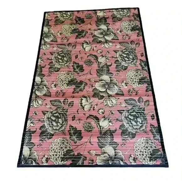 Decorative Bamboo Roll Up Mat With Roses Pink Black 3x5ft