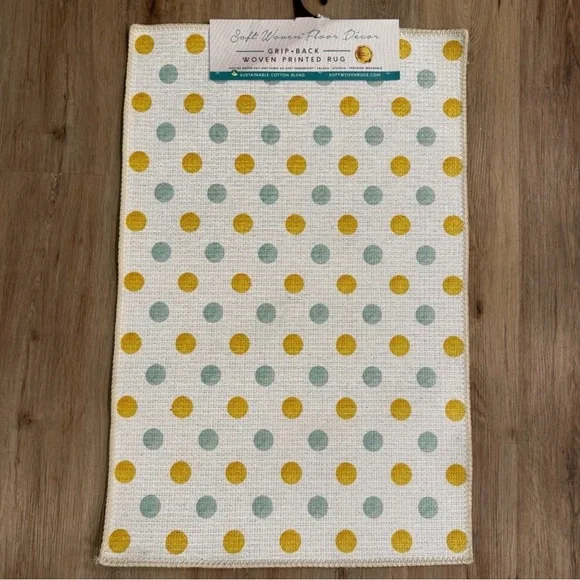 Great Finds Lemon Polka Dot Rug 2x3 Grip Back Washable Yellow White Teal NWT