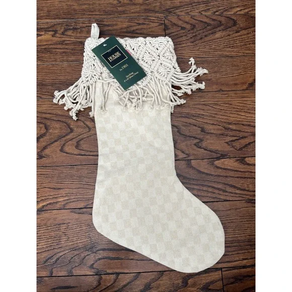 House & Garden Christmas Stocking White Cream Check Macrame Tasseled 8
