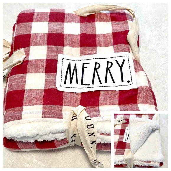 NWT Rae Dunn MERRY Buffalo Check Sherpa Blanket Throw