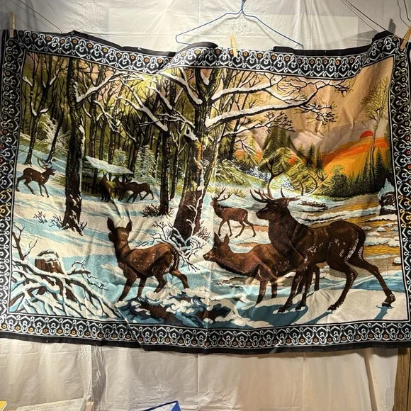 VTG Tapestry Winter Deer Scene Wall Hanging 38X54 Holes Along Edges Where Hung