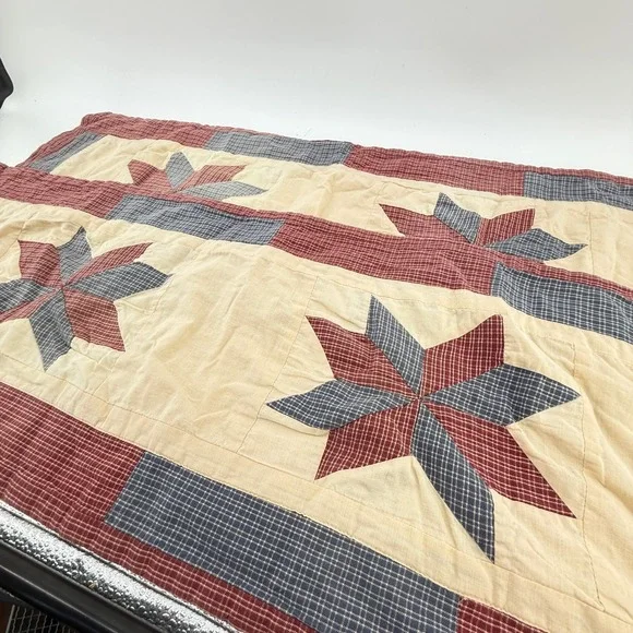 Vintage Quilted Quilt Wall Hangings Set of 2 Red Blue Tan Star Patchwork