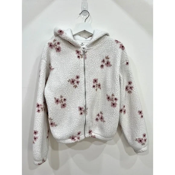 H&M Kids Floral Teddy Fleece Hooded Jacket White Pink Flowers Size 14/16 XL
