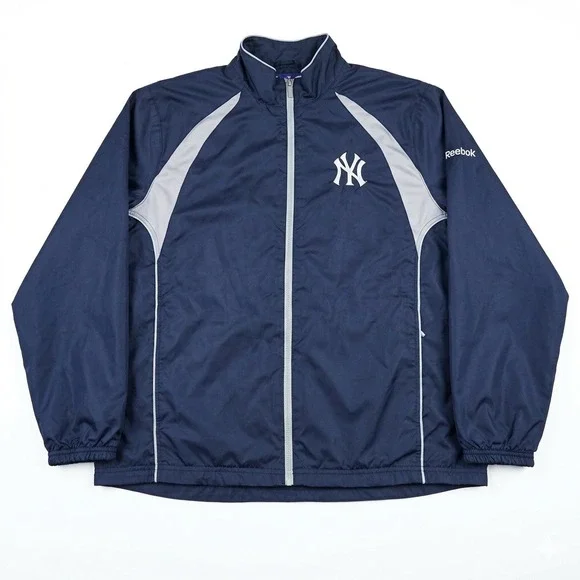Vintage New York Yankees Reebok Full Zip Warm Up Jacket Navy Blue White Mens L
