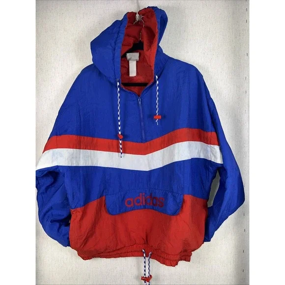 Vintage 90's ADIDAS Color Block Anorak Red White Blue‎ 1/4 Zip Hooded Pullover ✅