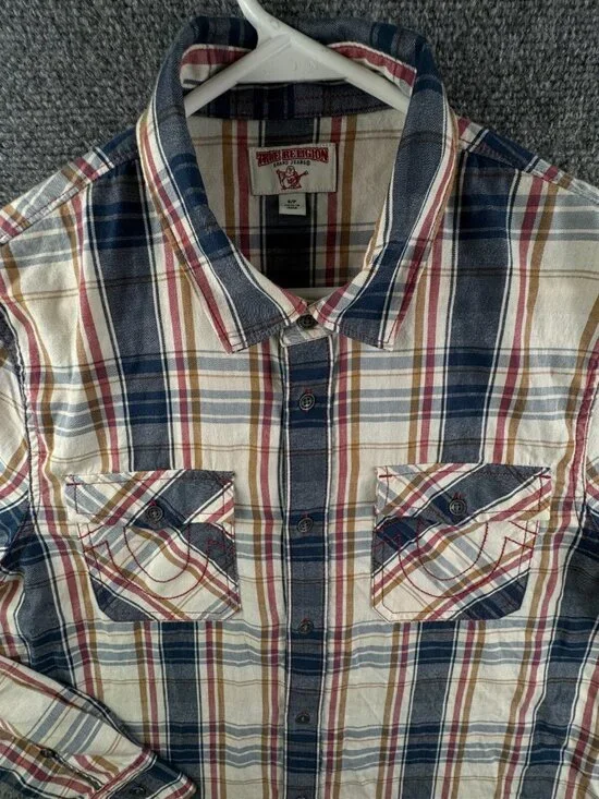 True Religion Long Sleeve Plaid Button Up Shirt Men Small Pockets Cotton Tall
