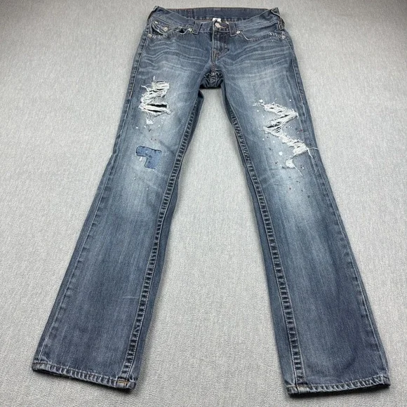 True Religion Jeans Mens 30x33 Blue Denim Straight Slim Distressed Classic Pants