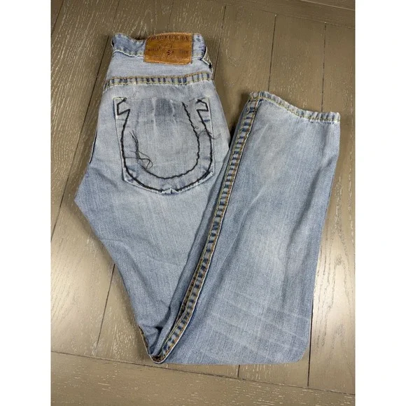 True Religion Jeans Mens 32 Light Wash Blue Limited Edition Big T Straight‎ Leg