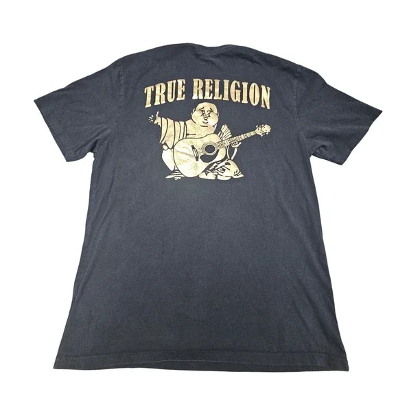 True Religion TShirt Mens Large Black Gold Buddha Guitar Logo Streetwear Y2K