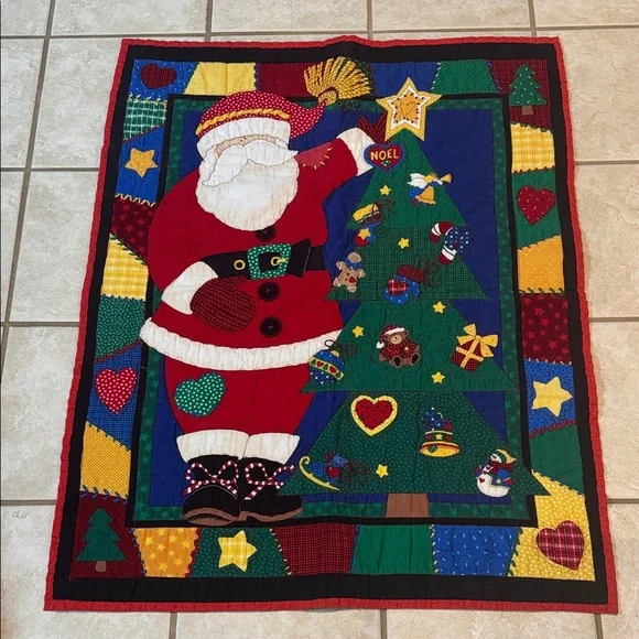 Quilt Throw Colorful Santa and Christmas Tree Holiday Throw