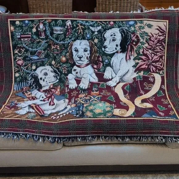 Vintage Crown Craft Dalmatian Puppies Under Christmas Tree Woven Tapestry Throw