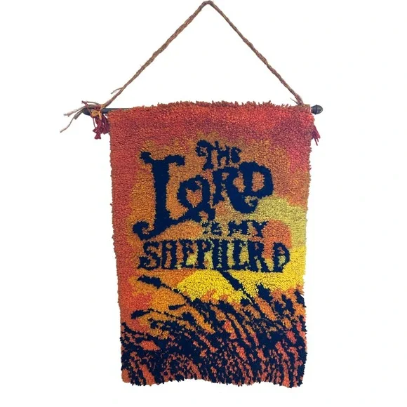 Vintage Latch Hook Wall‎ Hanging The Lord Is My Shepherd Sunset 70s Shag 35x24