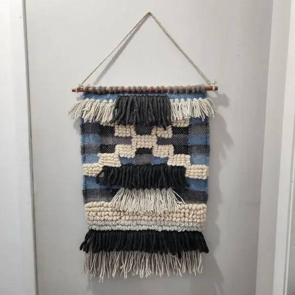 Macrame Woven Blue Cream Wall Hanging 15x24 Wool Tapestry Boho Made in India