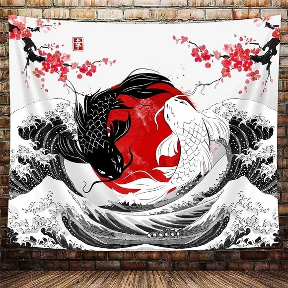 Japanese Koi Fish Wall Tapestry - Black, White, and Red