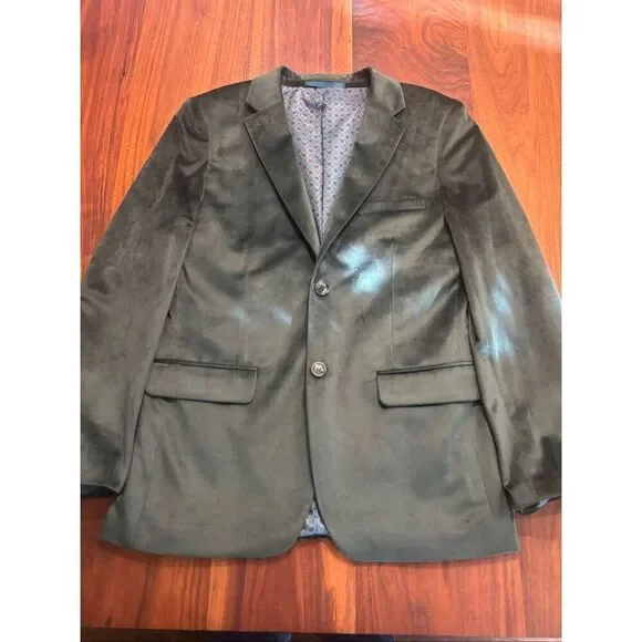 Isaac Mizrahi Boys Olive Green Velvet Lined Two-Button Blazer Jacket Size 14
