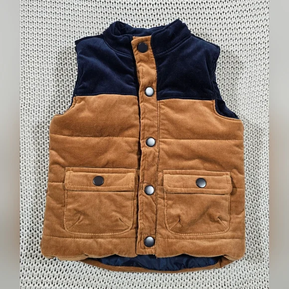 Tommy Bahama Puffer Vest Toddler Sz 24M Corduroy Brown Navy Snap Outdoor