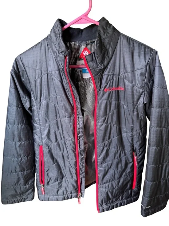 Columbia youth unisex puffer rain coat jacket size medium. Black with red trim