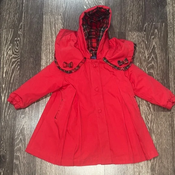ROTHSCHILD Red & Plaid Kids Hooded Coat w/button-in removable Lining/Hood Sz 24M