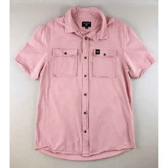 Streetwear Short Sleeve Button Down Shirt Pink Large True Religion