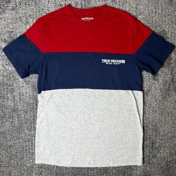True Religion Mens Colorblock T-Shirt‎ Red Navy Grey Logo Tee Small 700074