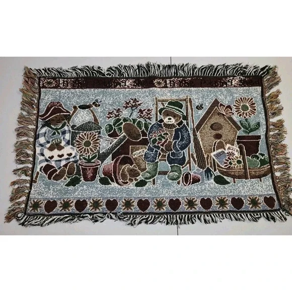 Vintage Tapestry Throw Rug Runner Teddy Bears And Potting Shed 32