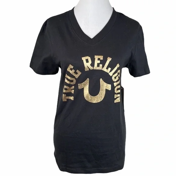 True Religion VNeck Shirt, Black, Gold, Small