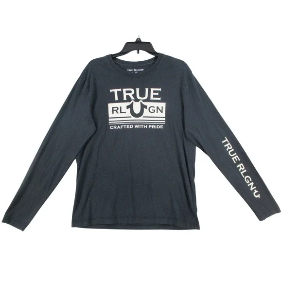 True Religion Mens Long Sleeve Graphic T-Shirt Black Horseshoe Logo Size Large
