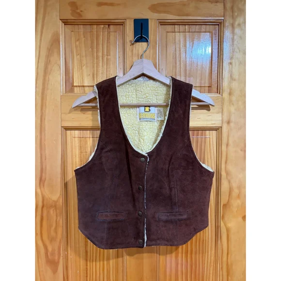 Vintage Bermans Brown Suede Sherpa Lined Western Vest Youth Kids Shearling