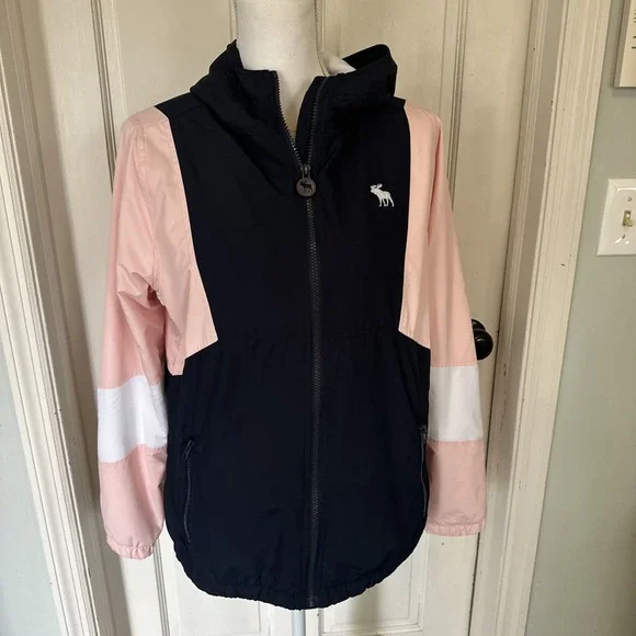Abercrombie Kids Girls 15/16‎ Colorblock Lined Hooded Windbreaker Navy Pink