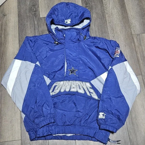Vintage‎ 90s Starter NFL Dallas Cowboys 1/2 Zip Pullover Hooded Jacket Quilted M