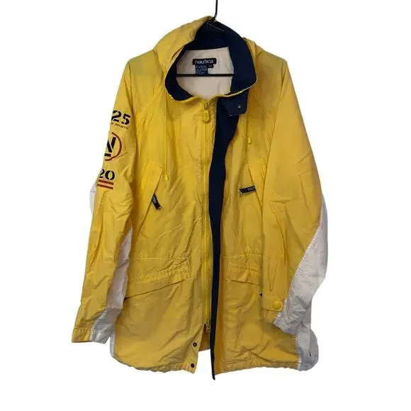 Nautica VTG Hooded Colorblock Windbreaker Jacket Size L Yellow Boating Sailing