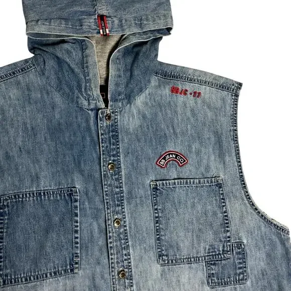 Bugle Boy Vintage Denim Vest Men XL Light Wash‎ Patched Hood Logo Patch Grunge
