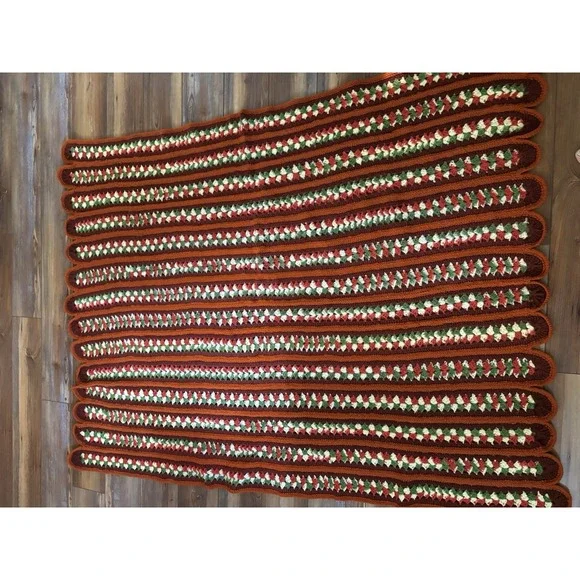 Afghan 70s Throw Blanket Scalloped Rust Red YellowGreen Stripe 60