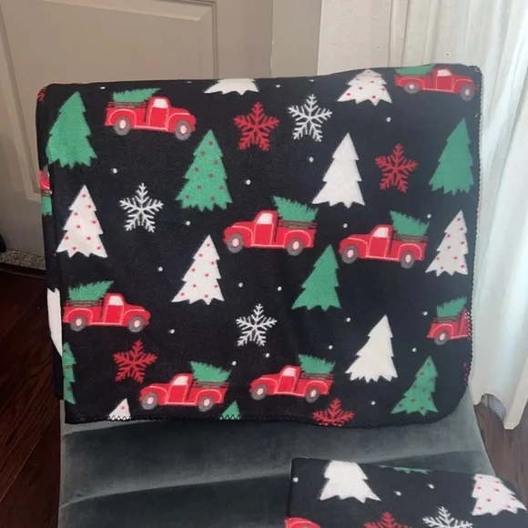 Christmas tree red white green snowflakes trucks black soft fleece blanket throw