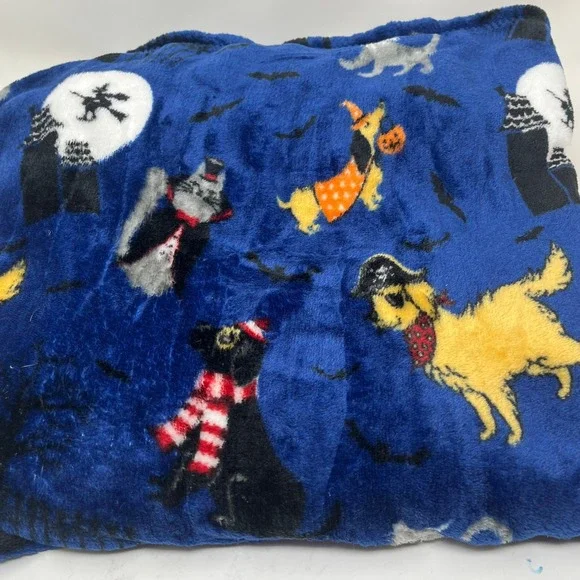Halloween Plush Throw Blanket - Dogs Cats Costumes Witch Moon Blue 50