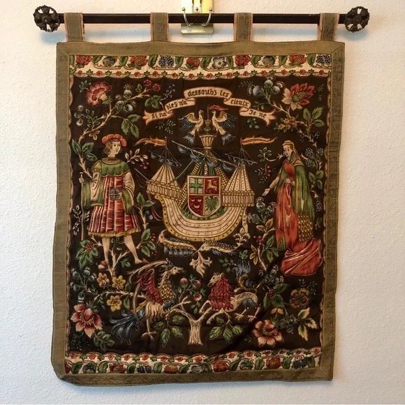Vintage French Medieval Wall Hanging Tapestry Panel Barques des Amours