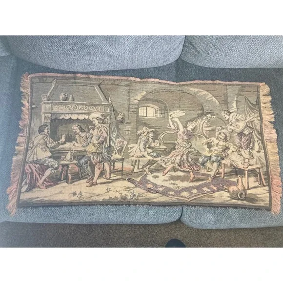 Vtg Woven Tapestry Table Runner Figural Tavern Dance French Belgian‎ Style 36