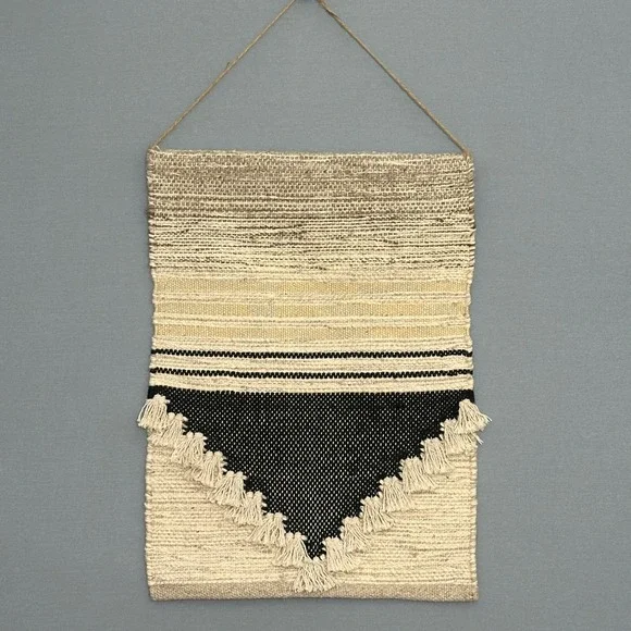 Threshold Woven Geometric Wall Hanging Tassel Trim Beige Black Boho Decor 18x25
