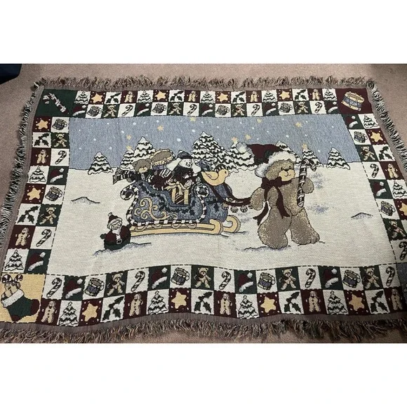 Vintage Teddy Bear Christmas Tapestry Blanket Wall Hanging 52 X‎ 36