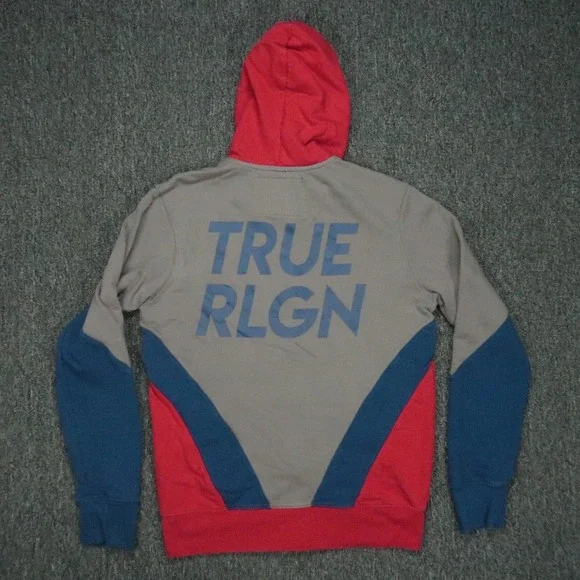 True Religion Hoodie Mens Medium Red Blue Chevron Full Zip Pockets Hooded Jacket