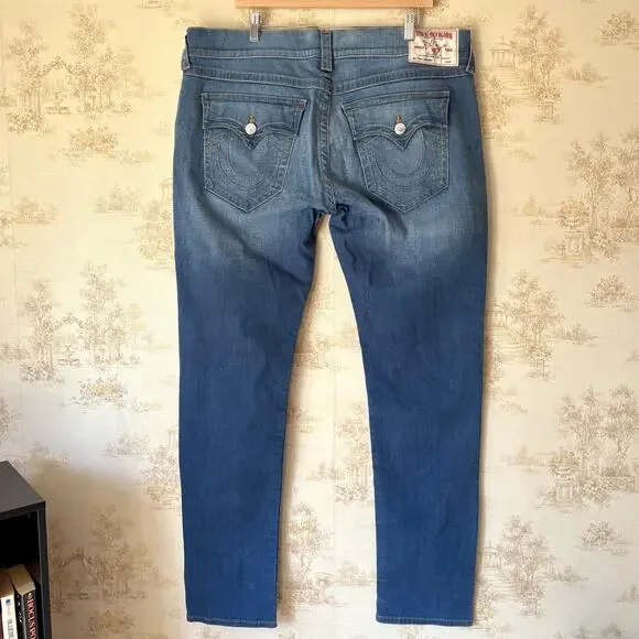 True Religion Skinny Flap Jeans Mens 40 Blue Horseshoe Single Needle Modern