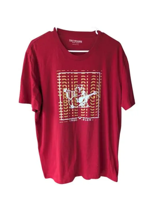 True Religion Shirt Mens XL Red Buddha Guitar Graphic Tee Streetwear 22.5x28.5
