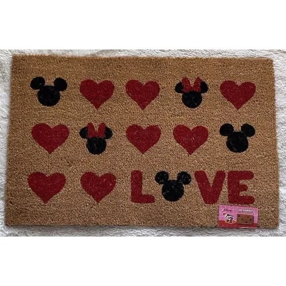 Disney Mickey Minnie Ears‎ Coir Door Mat Outdoor Valentines Love Hearts 18 X 28”
