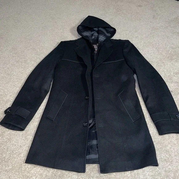 Dynamo Mens Wool Blend Pea Coat Black Hooded Zip Out Bib Jacket Size S 48