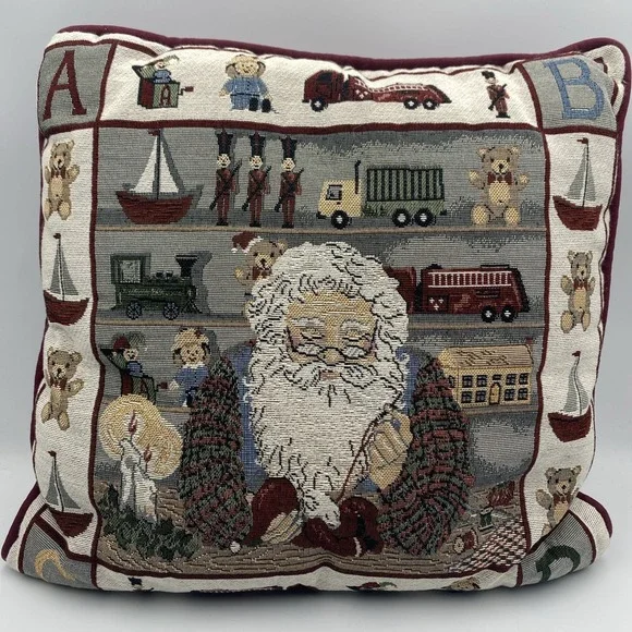 Christmas Tapestry Throw Pillow‎ Santa's Workshop Toys Blocks Bear Sewing 16x16