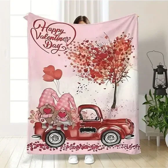 Happy Valentine Day Red Truck Gnomes Throw Blanket. 50”x60”. Ultra Soft. NWT. 2