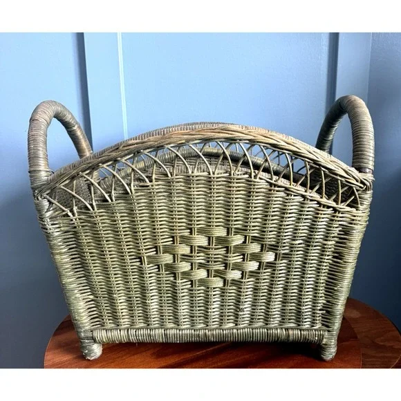 Vintage Woven Rattan Magazine Basket Sage Green Handles 17.5