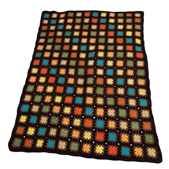 VTG Autumn Fall Crochet Granny Square‎ Afghan Multicolor Blanket 60x43