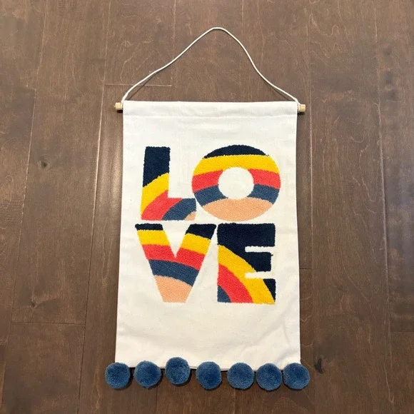 Pillowfort LOVE Wall Hanging‎ Tapestry Pom Pom Boho Room Decor 12x19