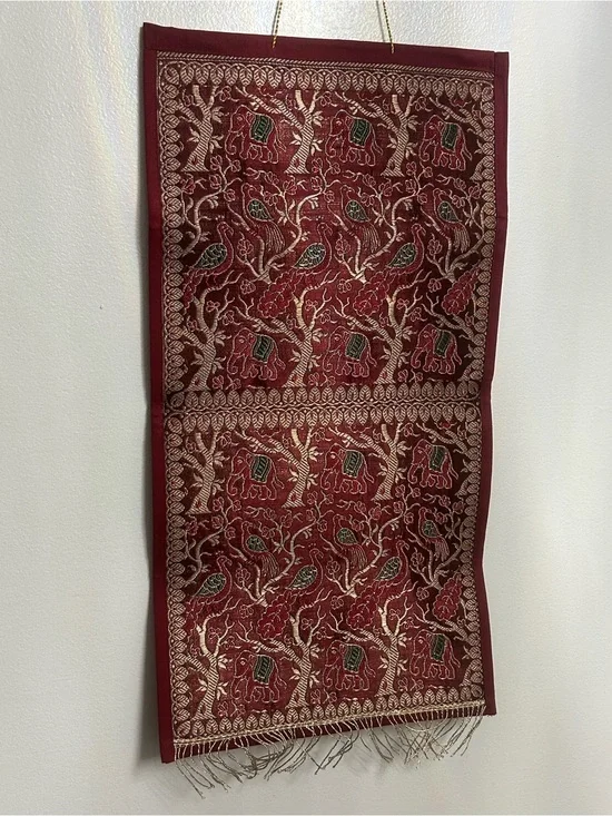 Embroidered Tapestry Wall Hanging with Elephants & Peacocks Gold, Red, Green